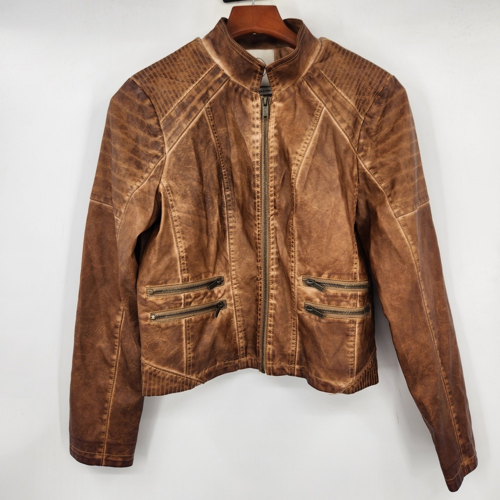 Stoosh Womens Cognac Brown Distressed Faux Leather Moto Biker Jacket M Western